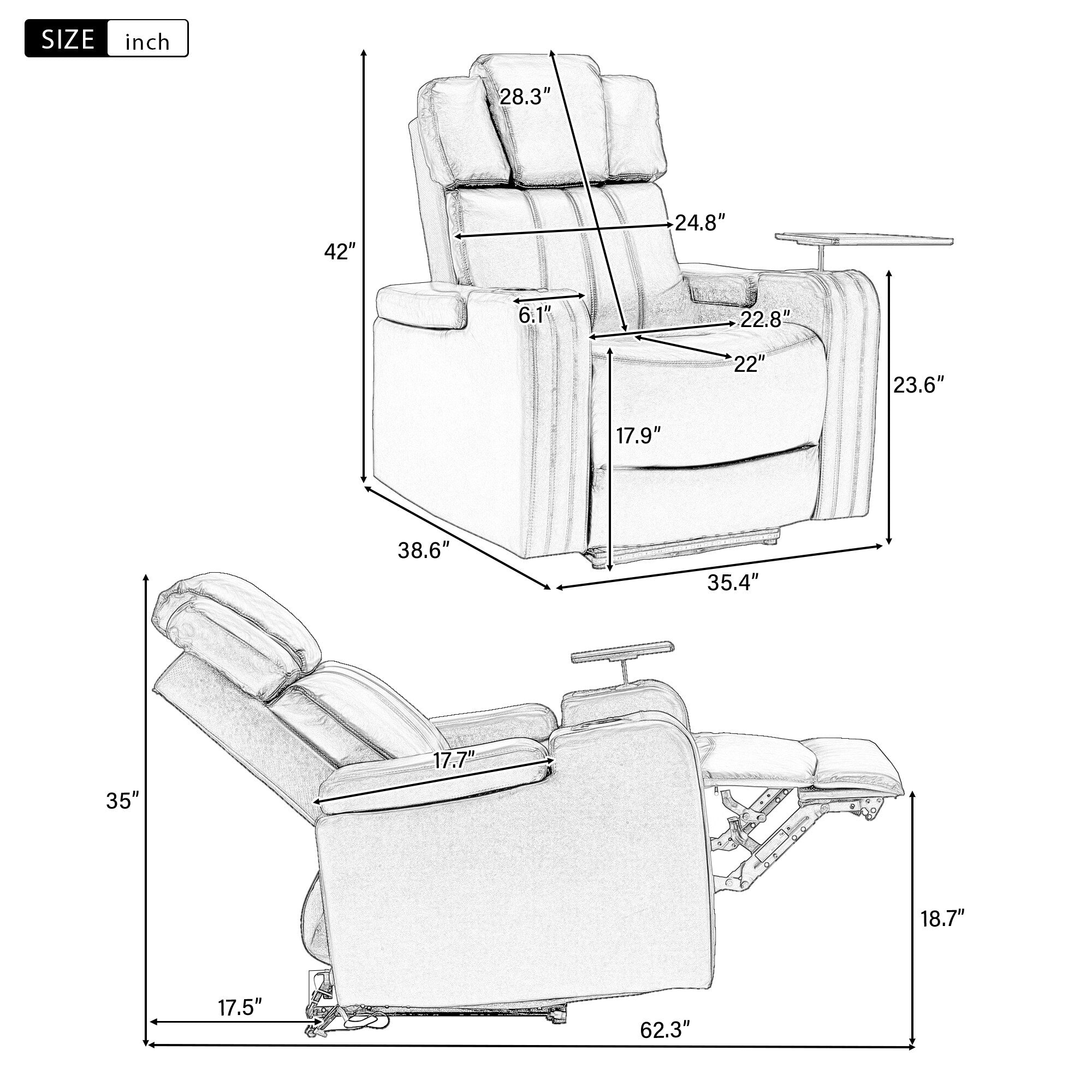 Fauteuil inclinable électrique en cuir synthétique, siège individuel, pour home cinéma, avec porte-gobelet rafraîchissant, haut-parleur Bluetooth, lumières LED et ports USB