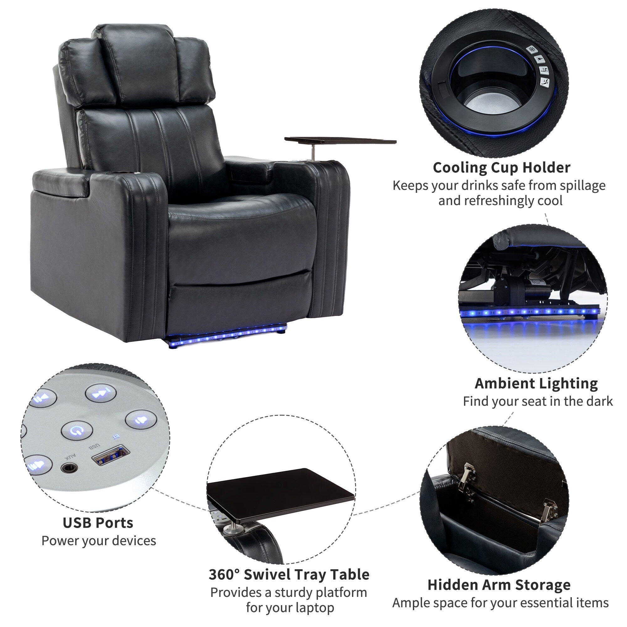 Fauteuil inclinable électrique en cuir synthétique, siège individuel, pour home cinéma, avec porte-gobelet rafraîchissant, haut-parleur Bluetooth, lumières LED et ports USB