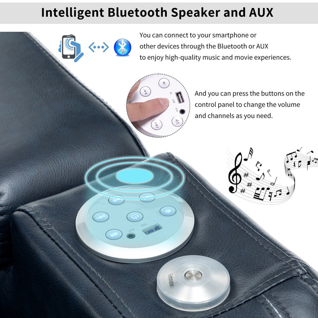 Fauteuil inclinable électrique en cuir synthétique, siège individuel, pour home cinéma, avec porte-gobelet rafraîchissant, haut-parleur Bluetooth, lumières LED et ports USB