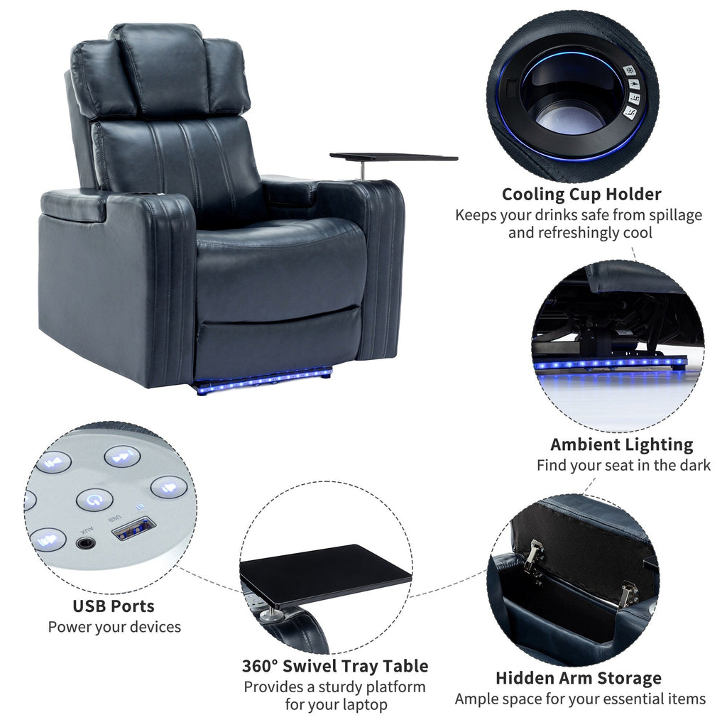 Fauteuil inclinable électrique en cuir synthétique, siège individuel, pour home cinéma, avec porte-gobelet rafraîchissant, haut-parleur Bluetooth, lumières LED et ports USB