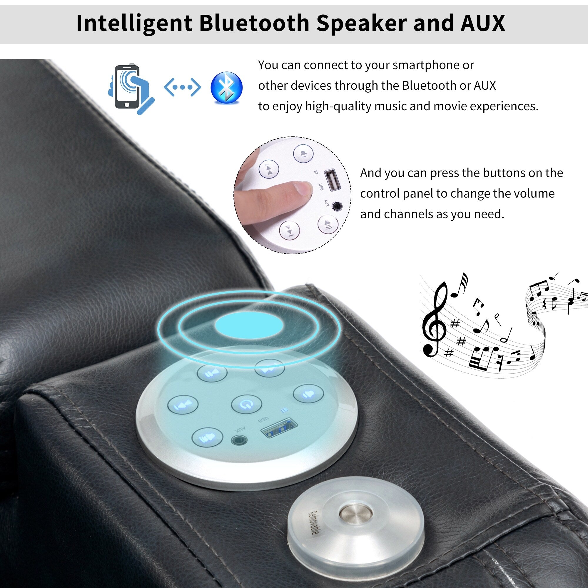 Fauteuil inclinable électrique en cuir synthétique, siège individuel, pour home cinéma, avec porte-gobelet rafraîchissant, haut-parleur Bluetooth, lumières LED et ports USB