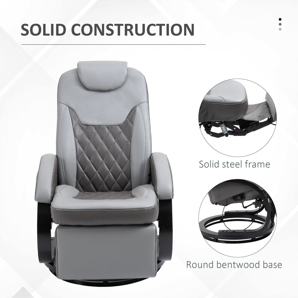 Fauteuil inclinable en cuir synthétique avec repose-pieds, coutures en losange, inclinaison à 135°, pivot à 360°, base en acier/bois et appui-tête