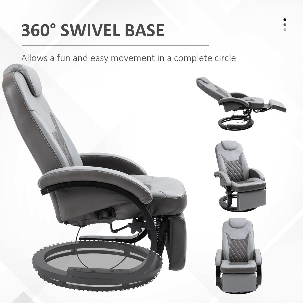 Fauteuil inclinable en cuir synthétique avec repose-pieds, coutures en losange, inclinaison à 135°, pivot à 360°, base en acier/bois et appui-tête