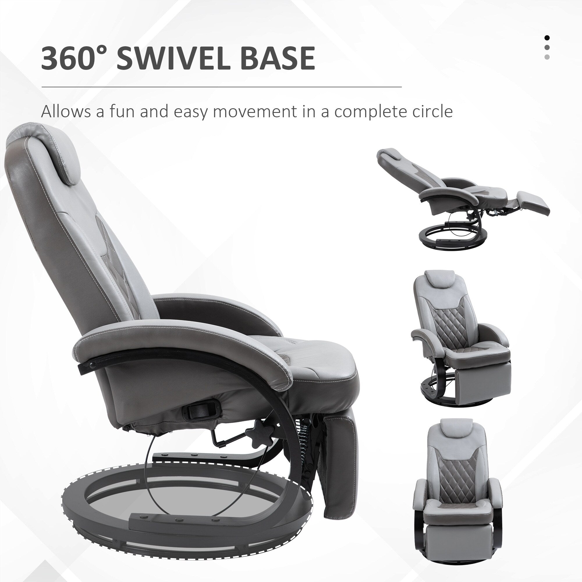 Fauteuil inclinable en cuir synthétique avec repose-pieds, coutures en losange, inclinaison à 135°, pivot à 360°, base en acier/bois et appui-tête
