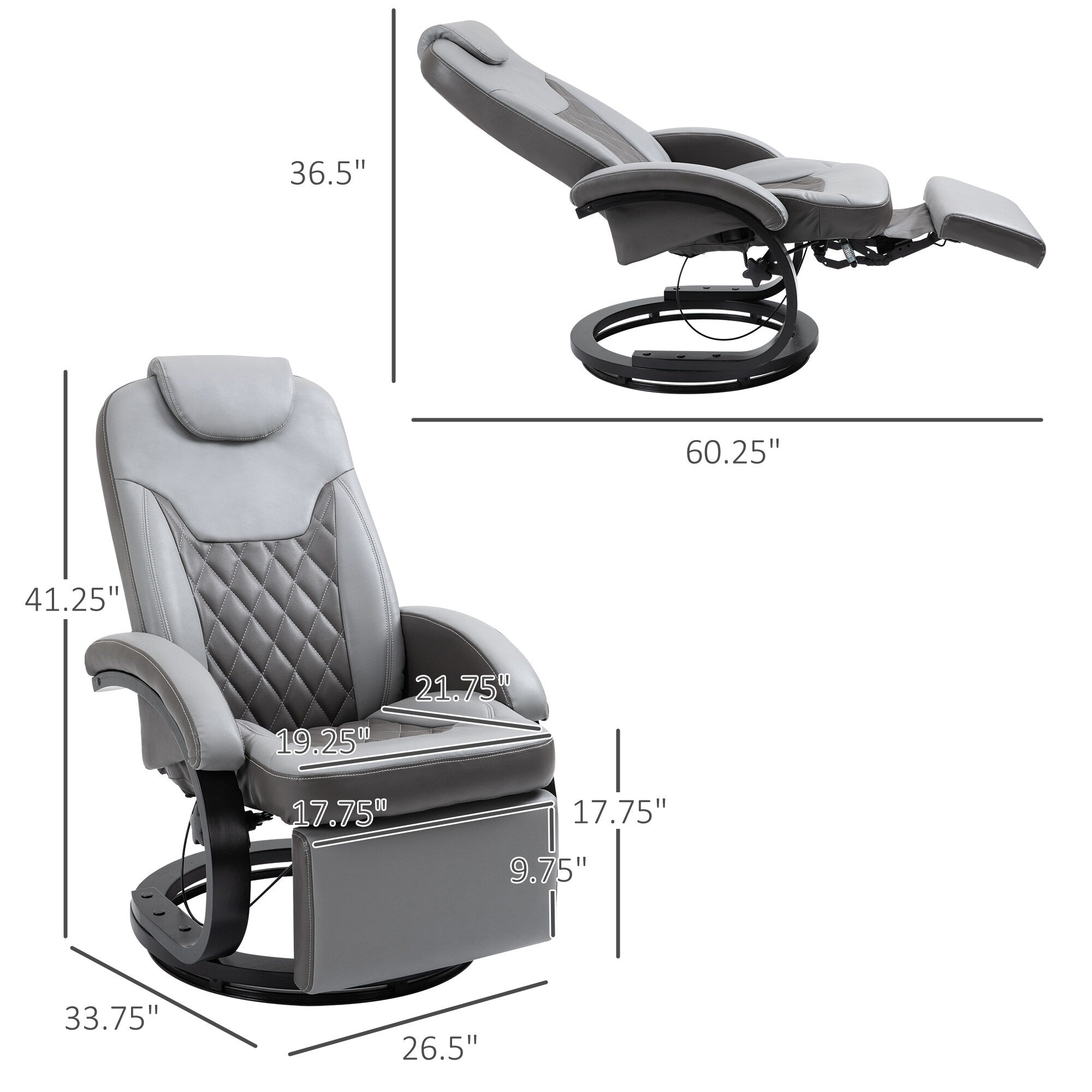 Fauteuil inclinable en cuir synthétique avec repose-pieds, coutures en losange, inclinaison à 135°, pivot à 360°, base en acier/bois et appui-tête
