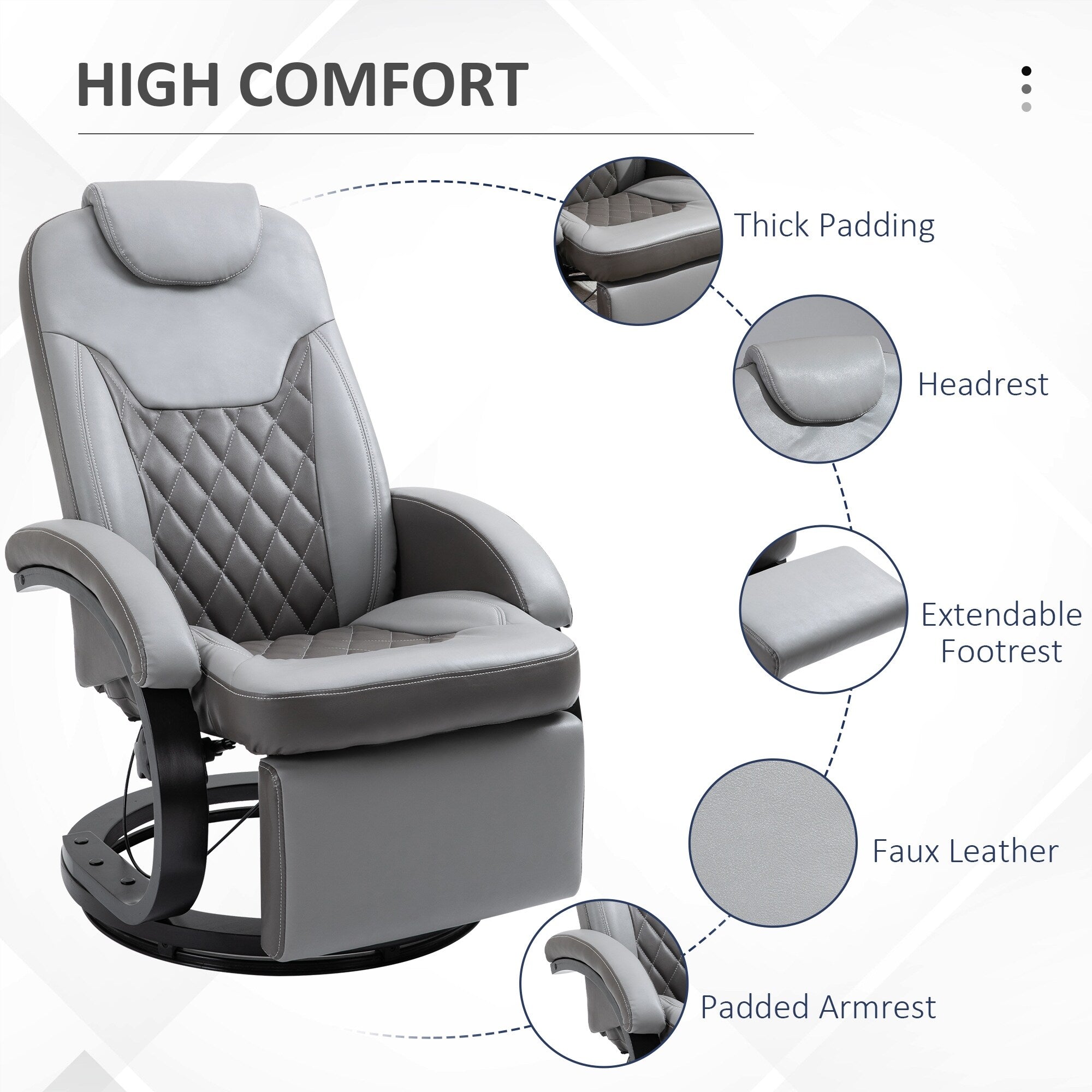 Fauteuil inclinable en cuir synthétique avec repose-pieds, coutures en losange, inclinaison à 135°, pivot à 360°, base en acier/bois et appui-tête