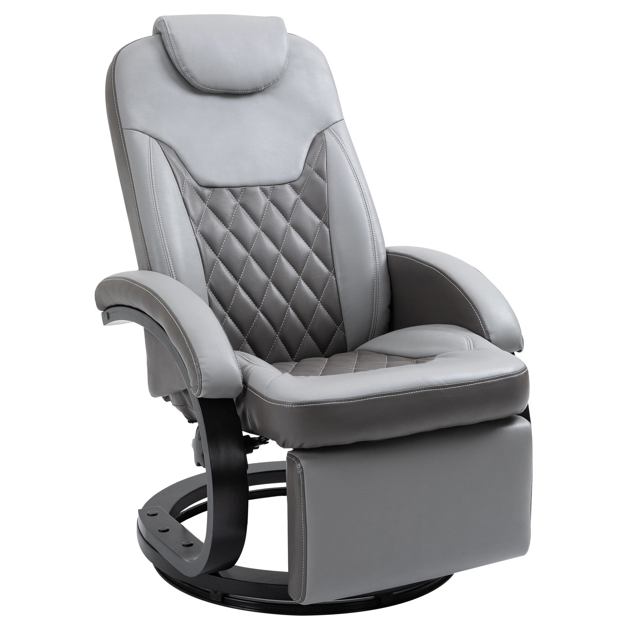 Fauteuil inclinable en cuir synthétique avec repose-pieds, coutures en losange, inclinaison à 135°, pivot à 360°, base en acier/bois et appui-tête