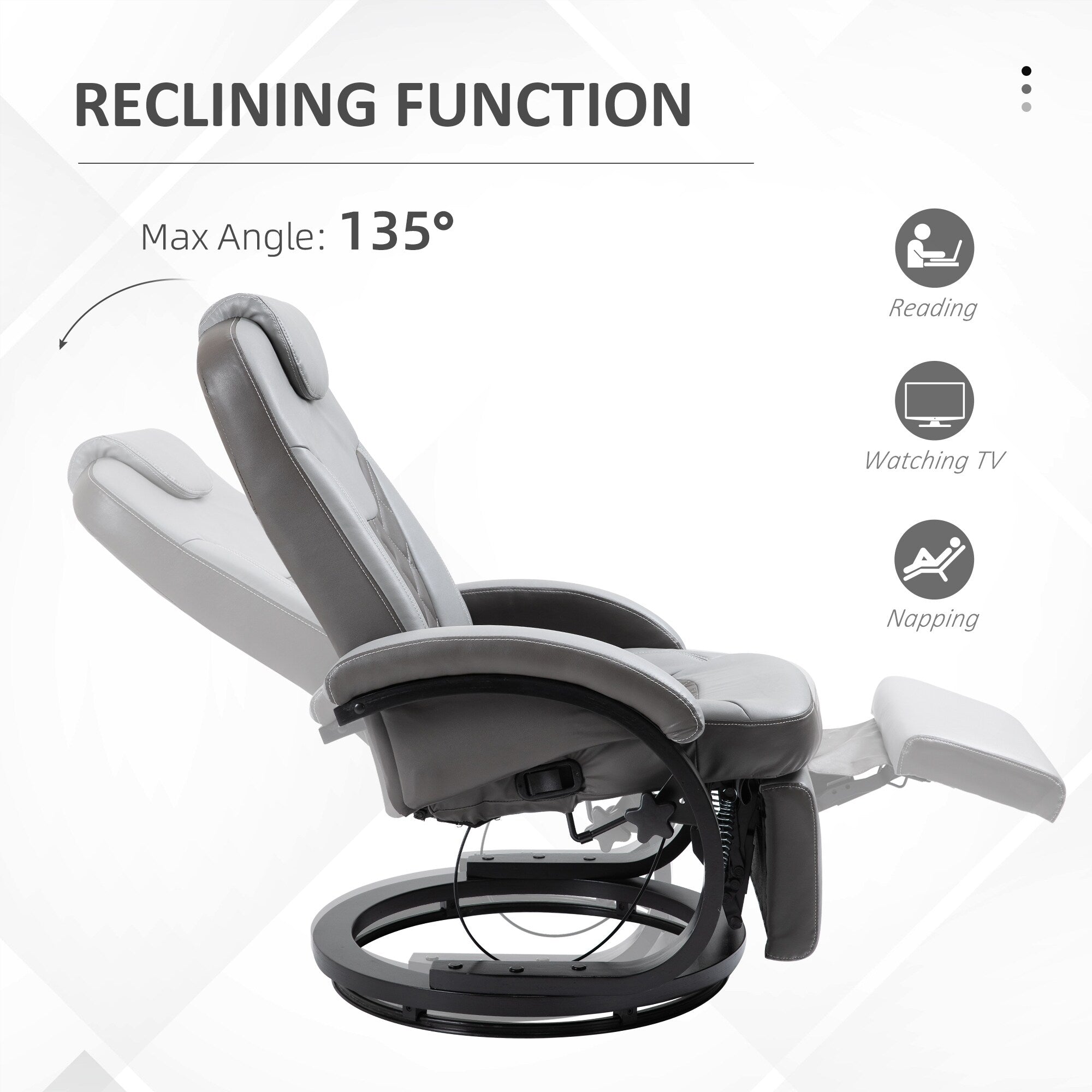 Fauteuil inclinable en cuir synthétique avec repose-pieds, coutures en losange, inclinaison à 135°, pivot à 360°, base en acier/bois et appui-tête