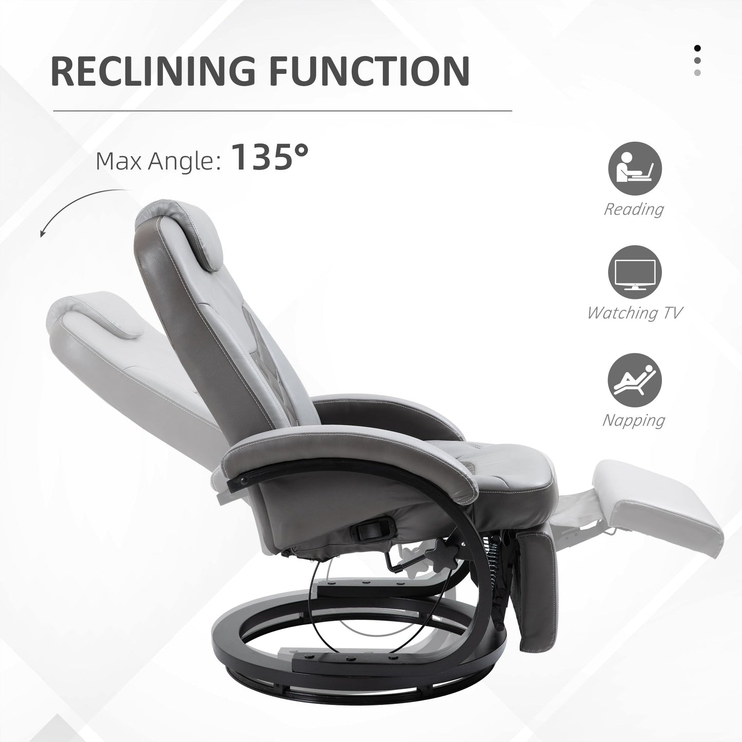 Fauteuil inclinable en cuir synthétique avec coutures en losange, inclinaison à 135°, pivot à 360° et base robuste en acier et bois