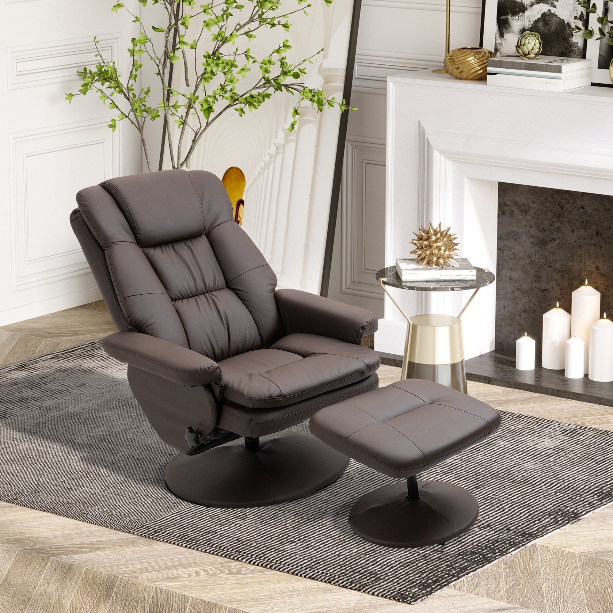 Fauteuil inclinable en cuir synthétique avec dossier réglable, pivotant à 360°, repose-pieds, dossier haut, base enveloppée, pour salon, chambre, bureau à domicile