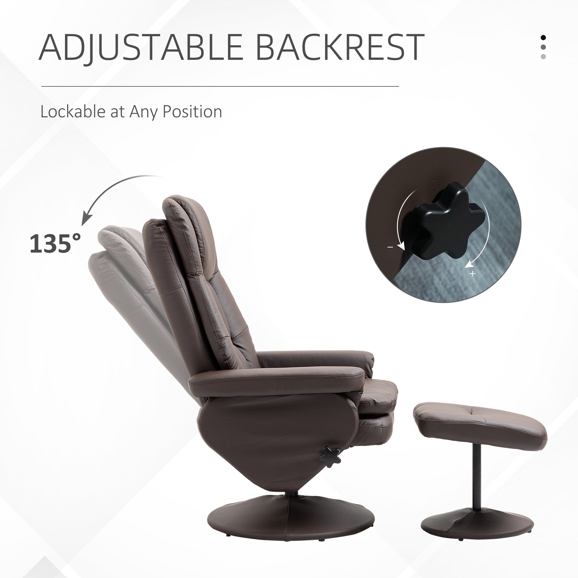 Fauteuil inclinable en cuir synthétique avec dossier réglable, pivotant à 360°, repose-pieds, dossier haut, base enveloppée, pour salon, chambre, bureau à domicile