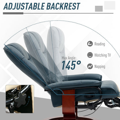 Fauteuil inclinable en cuir synthétique avec base pivotante en bois, inclinaison manuelle, accoudoirs rembourrés et repose-pieds