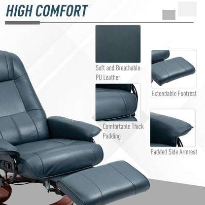 Fauteuil inclinable en cuir synthétique avec base pivotante en bois, inclinaison manuelle, accoudoirs rembourrés et repose-pieds