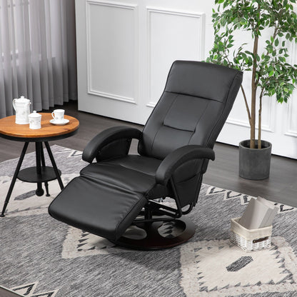 Fauteuil inclinable pivotant en cuir synthétique avec dossier réglable à 135°, repose-pieds et base en bois pour une détente optimale au salon