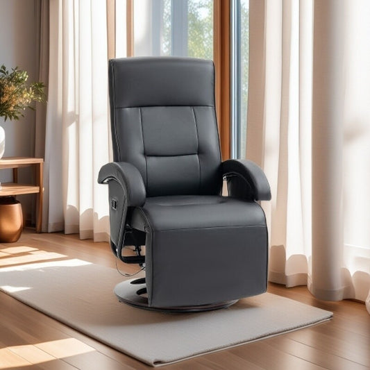 Fauteuil inclinable pivotant en cuir synthétique avec dossier réglable à 135°, repose-pieds et base en bois pour une détente optimale au salon