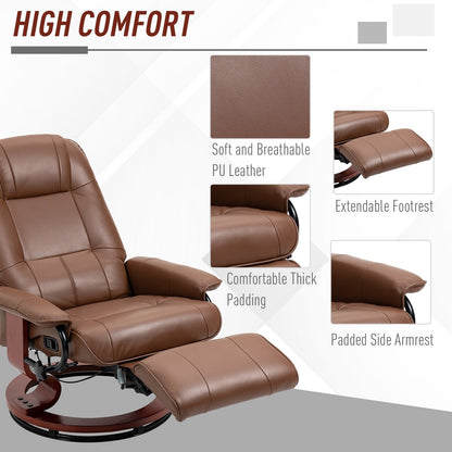 Fauteuil inclinable pivotant en cuir synthétique avec dossier réglable, repose-pieds et accoudoirs rembourrés pour un confort optimal au salon