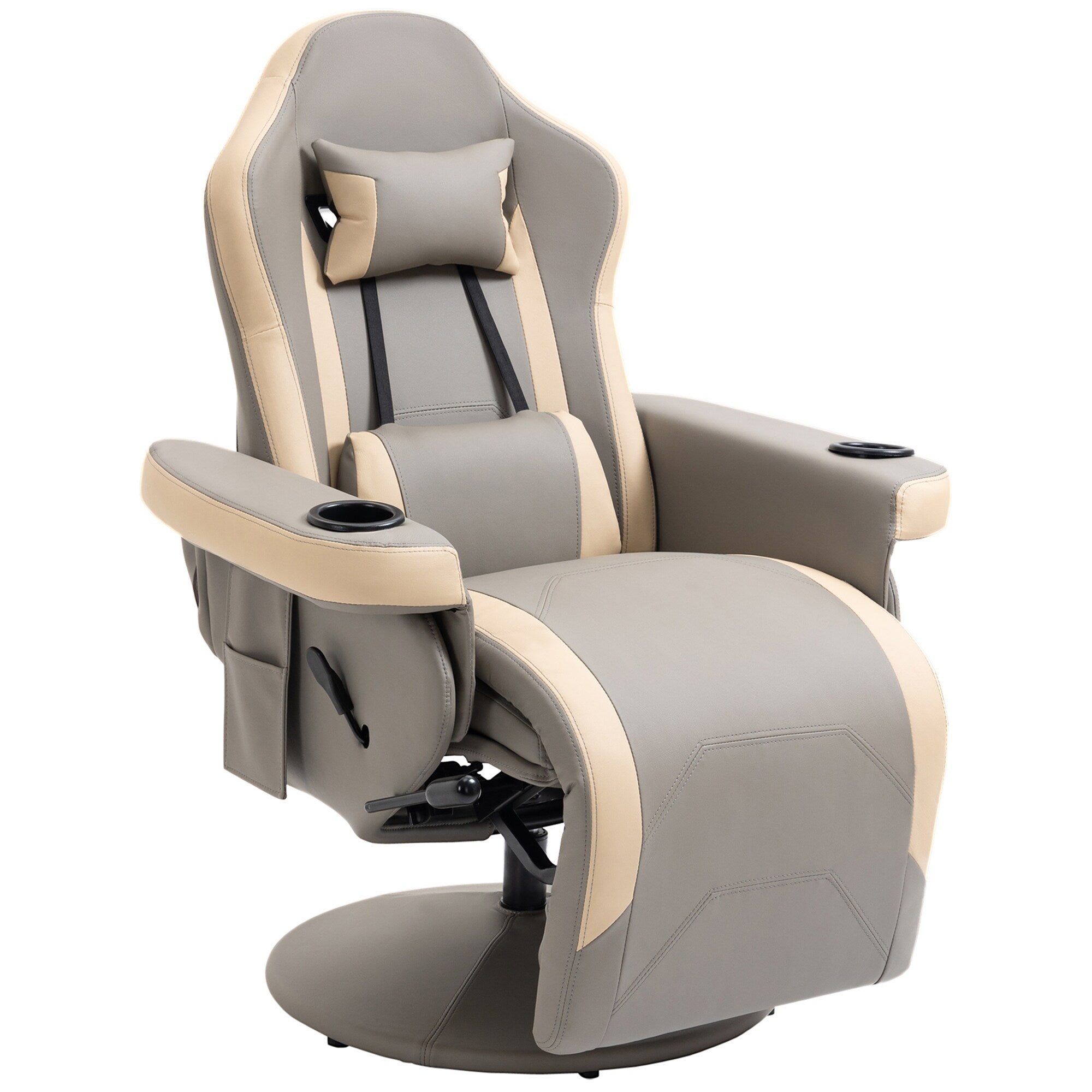 Fauteuil inclinable pivotant en cuir synthétique avec repose-jambes réglable, porte-gobelet et poche de rangement