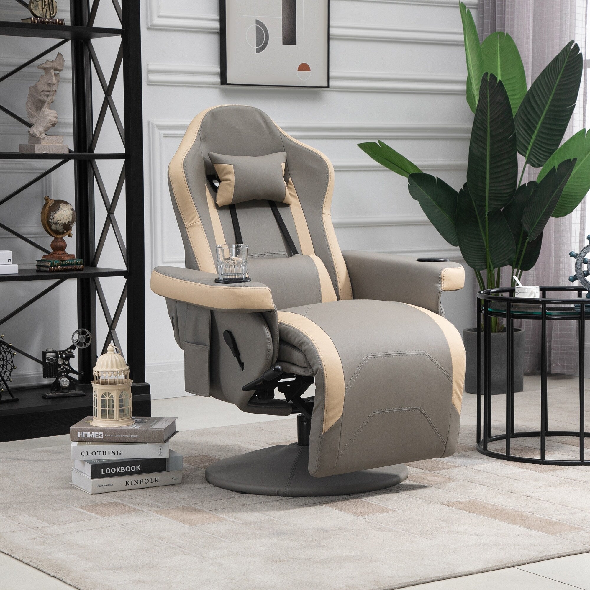 Fauteuil inclinable pivotant en cuir synthétique avec repose-jambes réglable, porte-gobelet et poche de rangement