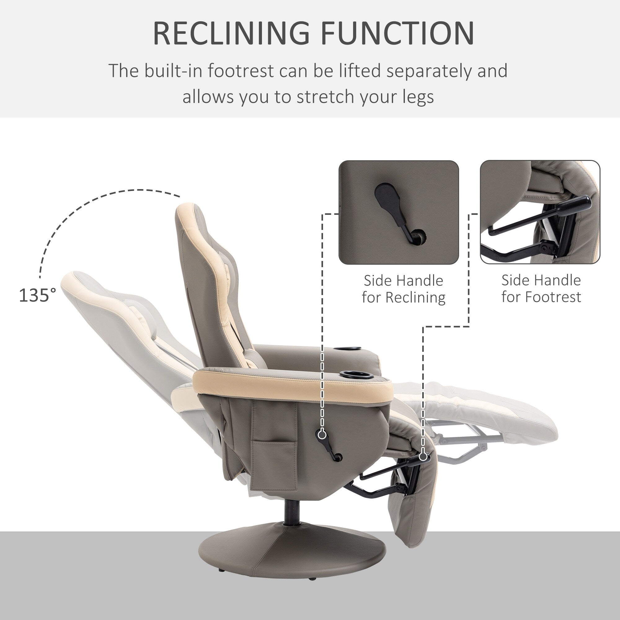 Fauteuil inclinable pivotant en cuir synthétique avec repose-jambes réglable, porte-gobelet et poche de rangement