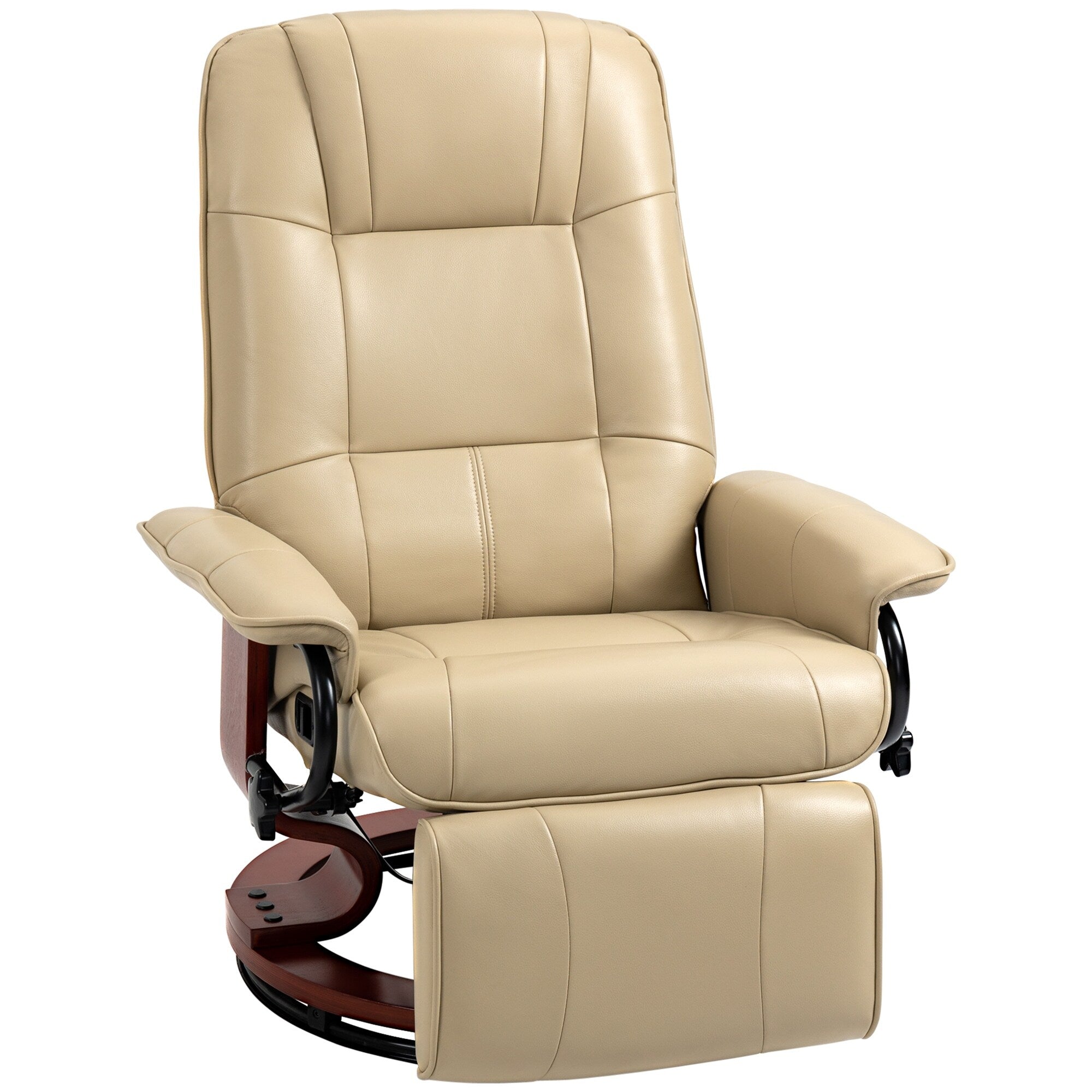 Fauteuil inclinable pivotant en cuir synthétique avec base en bois, accoudoirs rembourrés et inclinaison manuelle