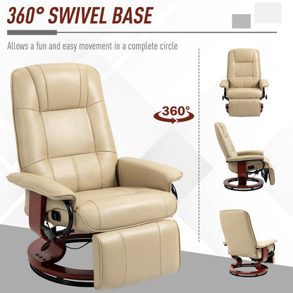 Fauteuil inclinable pivotant en cuir synthétique avec base en bois, accoudoirs rembourrés et inclinaison manuelle