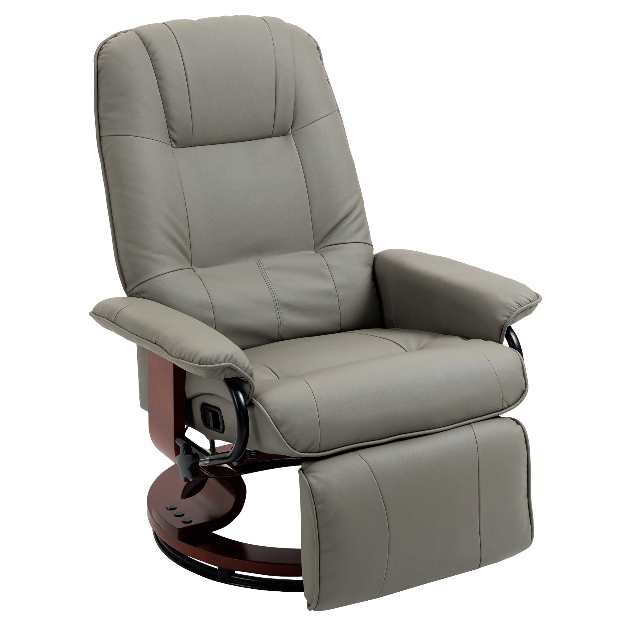 Fauteuil inclinable pivotant en cuir synthétique avec base en bois, accoudoirs rembourrés et inclinaison manuelle