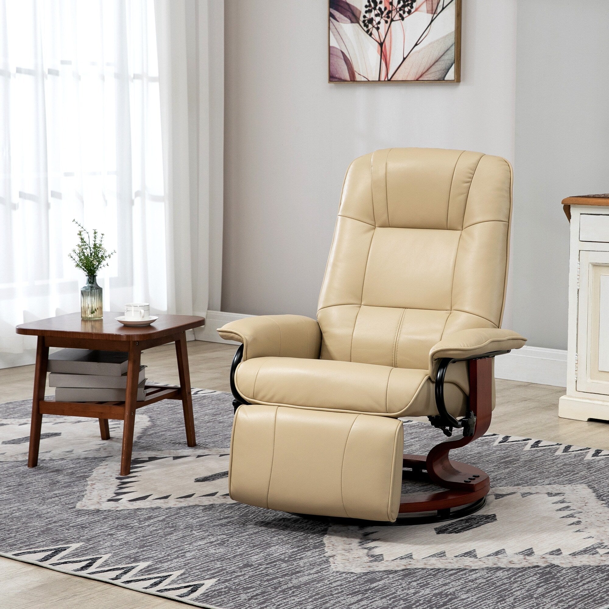 Fauteuil inclinable pivotant en cuir synthétique avec base en bois, accoudoirs rembourrés et inclinaison manuelle