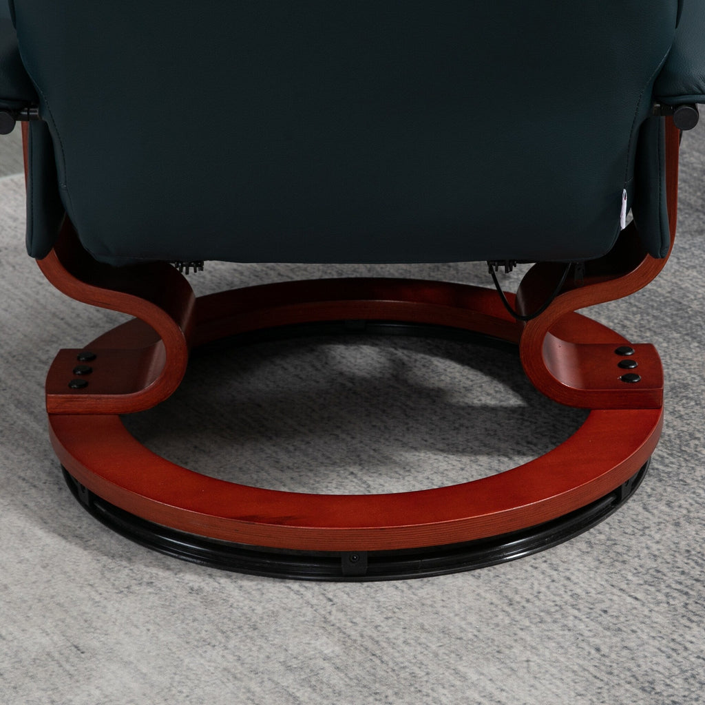 Fauteuil inclinable pivotant en cuir synthétique avec base en bois, accoudoirs rembourrés et inclinaison manuelle