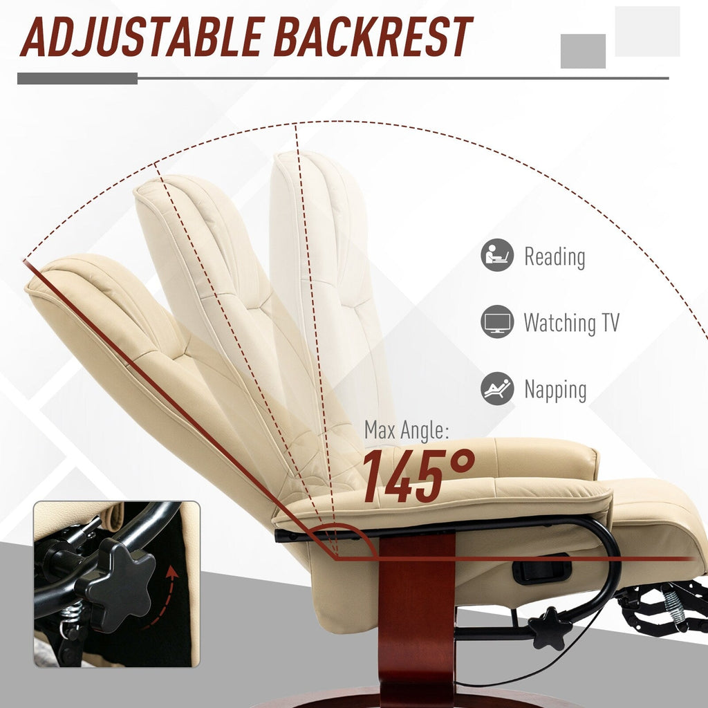 Fauteuil inclinable pivotant en cuir synthétique avec base en bois, accoudoirs rembourrés et inclinaison manuelle