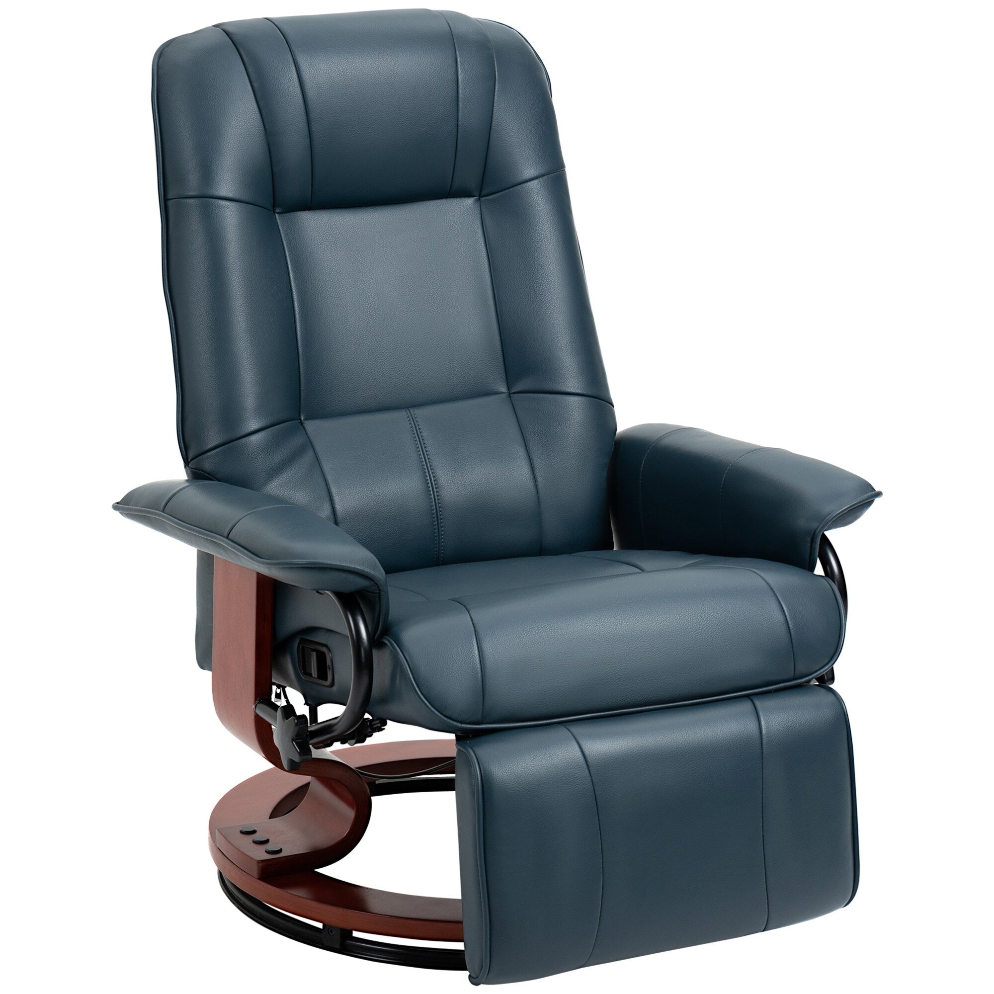 Fauteuil inclinable pivotant en cuir synthétique avec base en bois, accoudoirs rembourrés et inclinaison manuelle