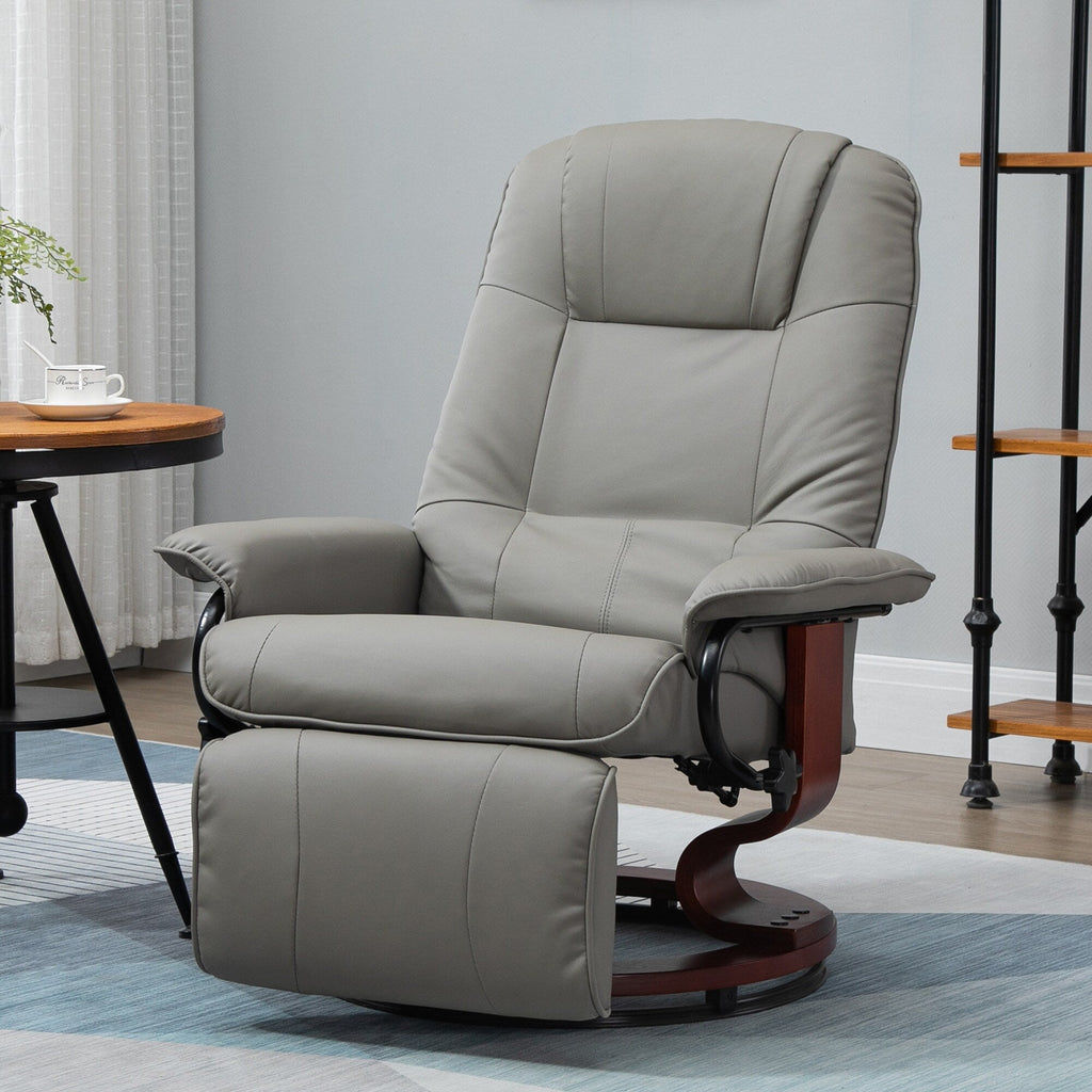 Fauteuil inclinable pivotant en cuir synthétique avec base en bois, accoudoirs rembourrés et inclinaison manuelle