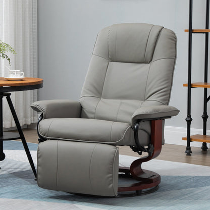 Fauteuil inclinable pivotant en cuir synthétique avec base en bois, accoudoirs rembourrés et inclinaison manuelle