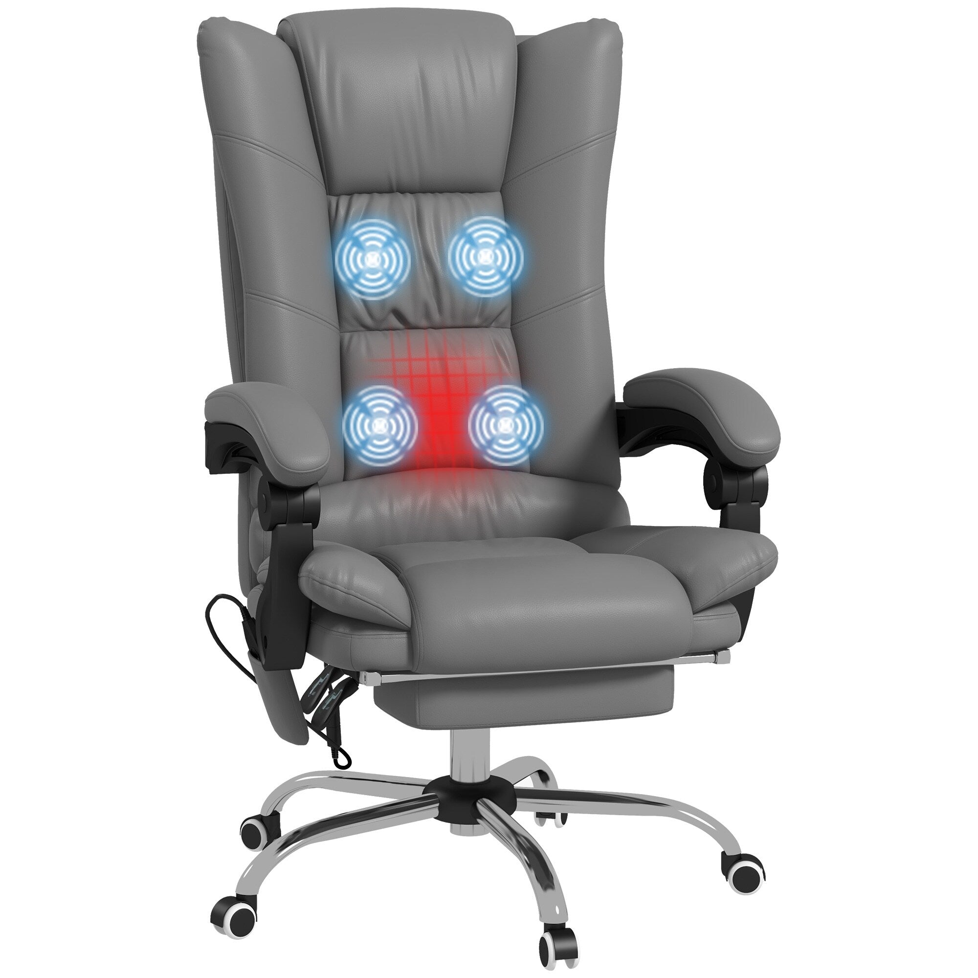 Fauteuil de bureau chauffant en cuir PU avec massage par vibrations, dossier inclinable de 135°, repose-pieds réglable et télécommande.