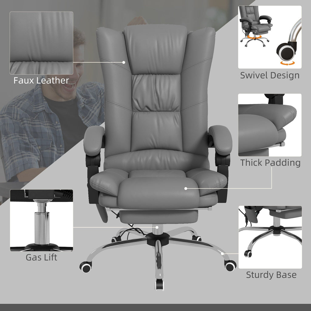 Fauteuil de bureau chauffant en cuir PU avec massage par vibrations, dossier inclinable de 135°, repose-pieds réglable et télécommande.