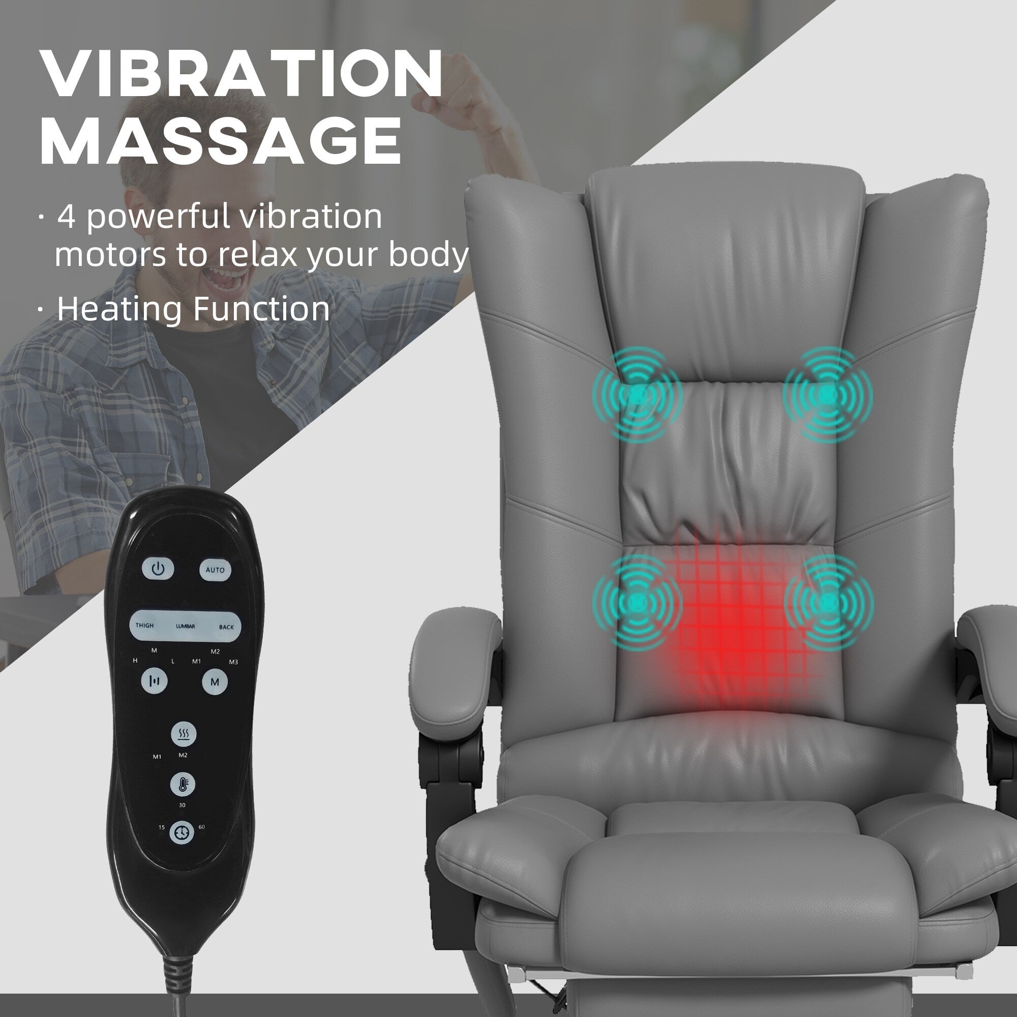 Fauteuil de bureau chauffant en cuir PU avec massage par vibrations, dossier inclinable de 135°, repose-pieds réglable et télécommande.