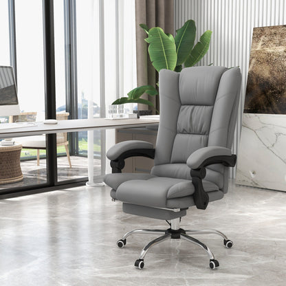 Fauteuil de bureau chauffant en cuir PU avec massage par vibrations, dossier inclinable de 135°, repose-pieds réglable et télécommande.