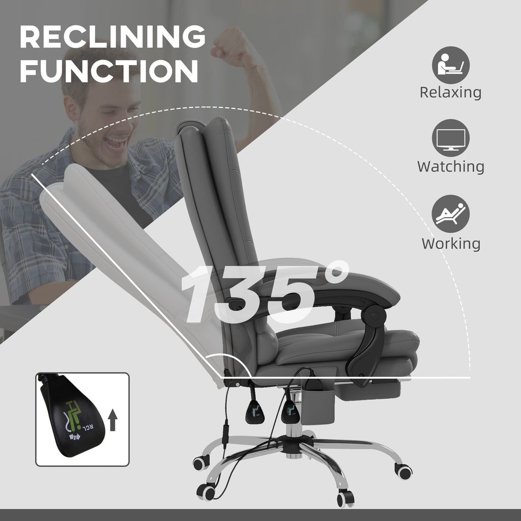 Fauteuil de bureau chauffant en cuir PU avec massage par vibrations, dossier inclinable de 135°, repose-pieds réglable et télécommande.