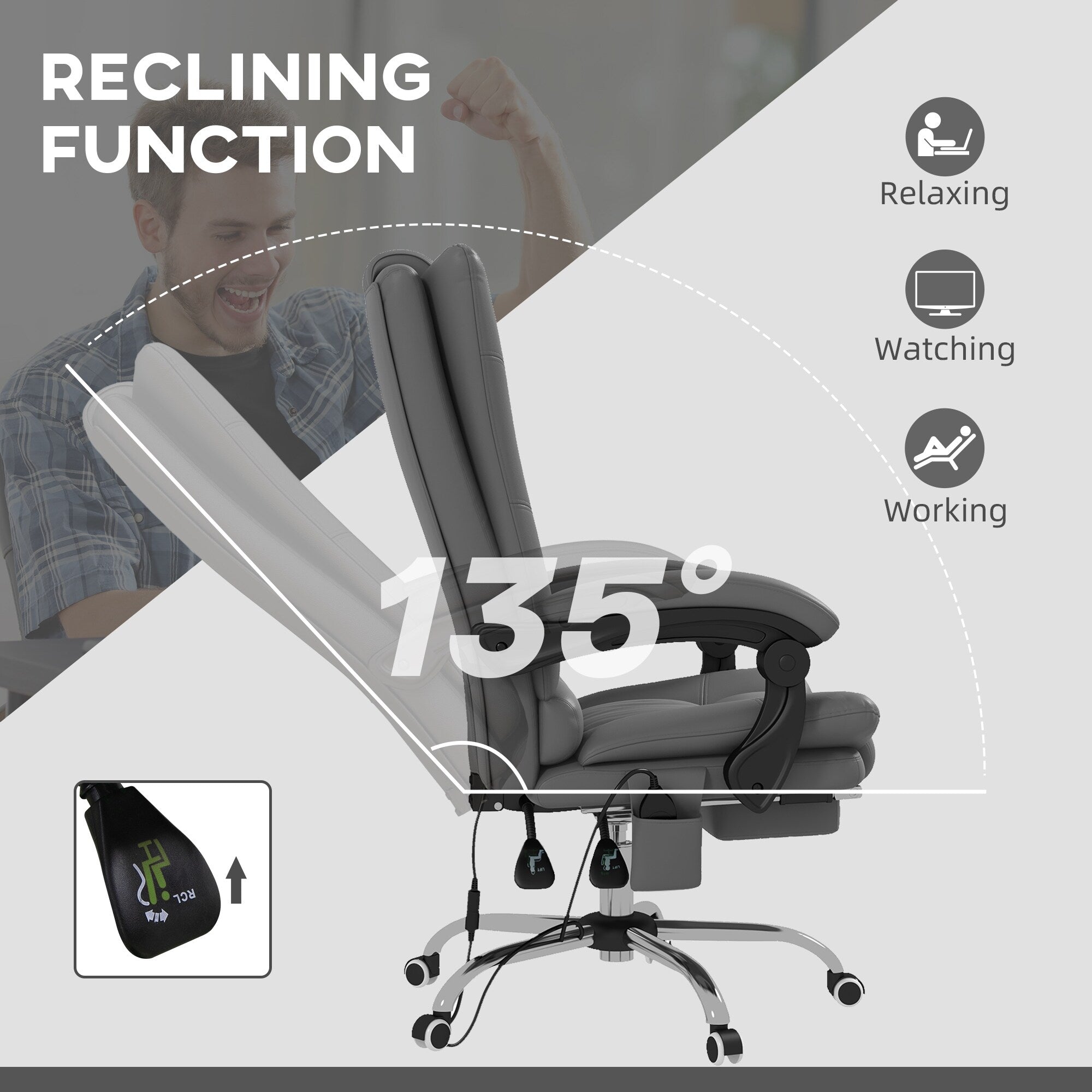 Fauteuil de bureau chauffant en cuir PU avec massage par vibrations, dossier inclinable de 135°, repose-pieds réglable et télécommande.