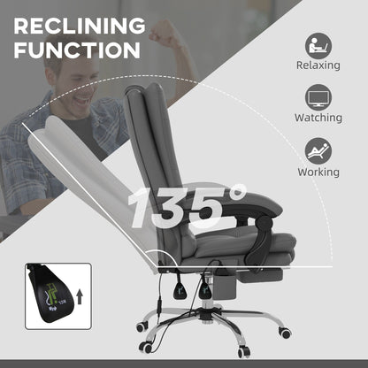 Fauteuil de bureau chauffant en cuir PU avec massage par vibrations, dossier inclinable de 135°, repose-pieds réglable et télécommande.