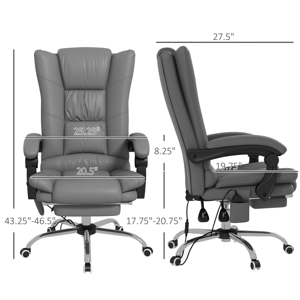 Fauteuil de bureau chauffant en cuir PU avec massage par vibrations, dossier inclinable de 135°, repose-pieds réglable et télécommande.