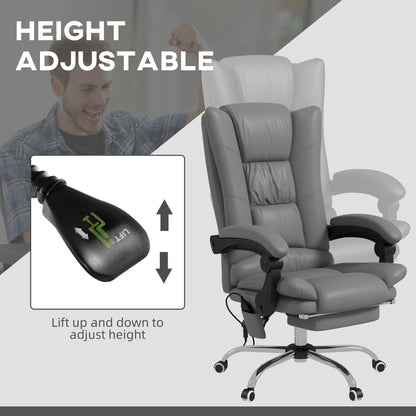 Fauteuil de bureau chauffant en cuir PU avec massage par vibrations, dossier inclinable de 135°, repose-pieds réglable et télécommande.