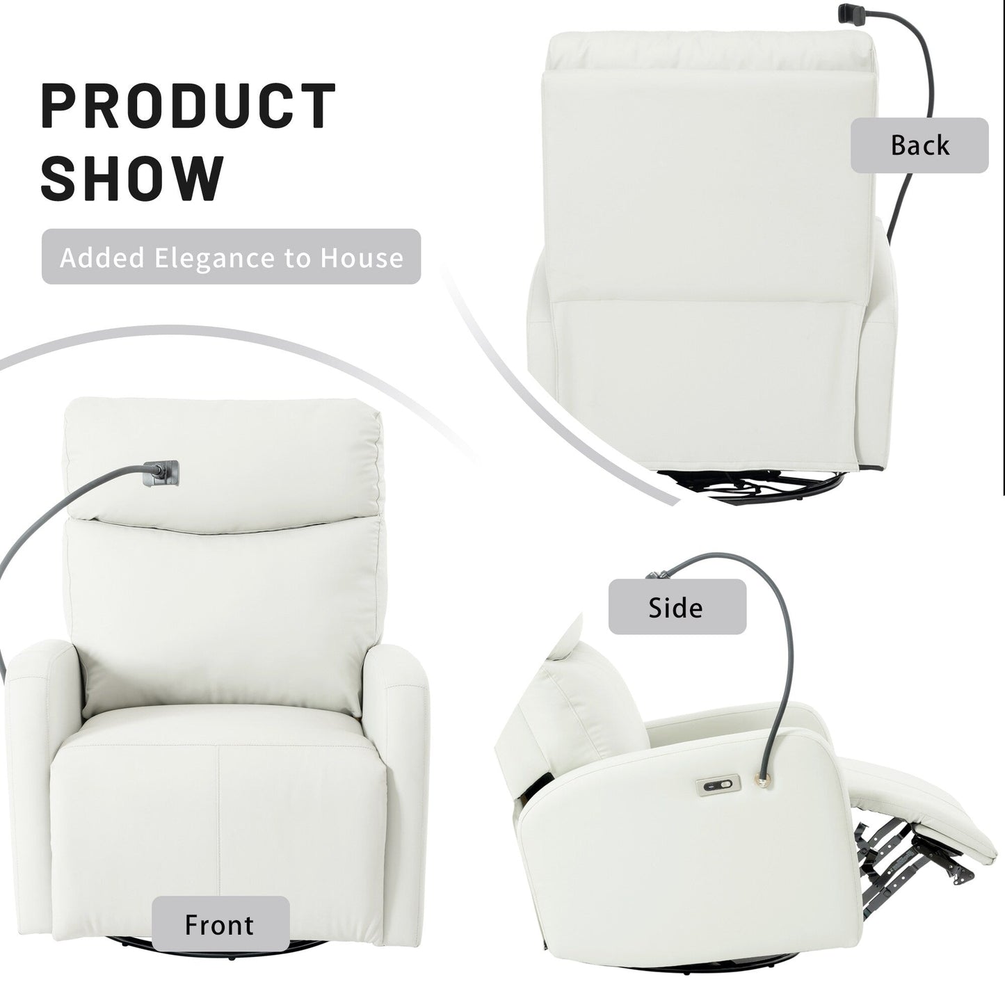 Fauteuil inclinable pivotant en polyuréthane avec rotation à 270°, inclinaison électrique de 95 à 160° et deux ports USB - Capacité de 150 kg