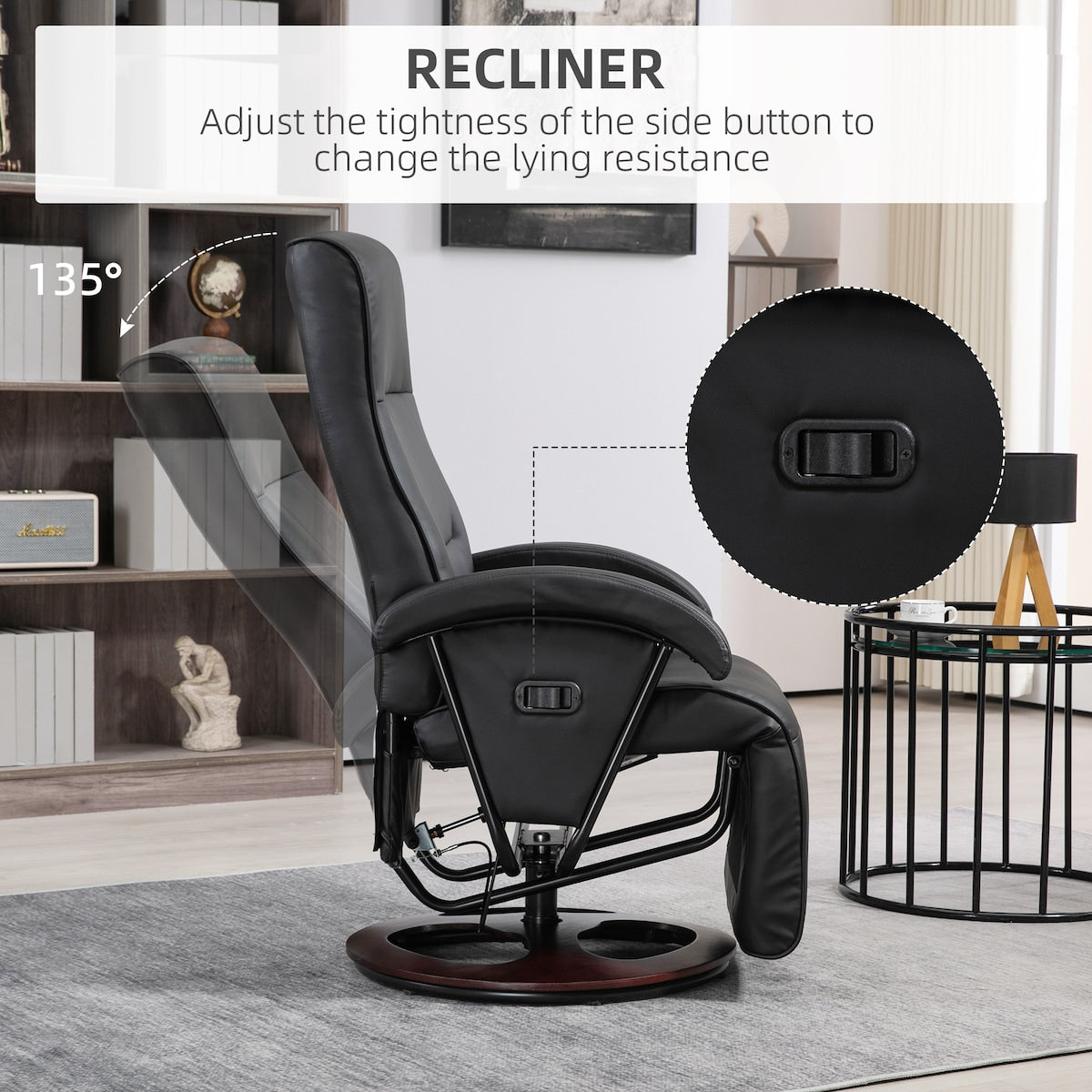 Fauteuil inclinable en polyuréthane avec repose-pieds, chaise longue avec dossier réglable à 135°, base pivotante en bois, siège et accoudoirs rembourrés pour salon