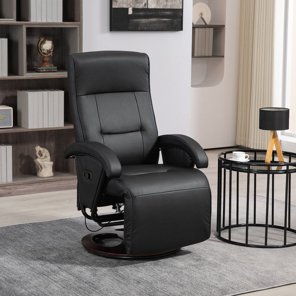 Fauteuil inclinable en polyuréthane avec repose-pieds, chaise longue avec dossier réglable à 135°, base pivotante en bois, siège et accoudoirs rembourrés pour salon