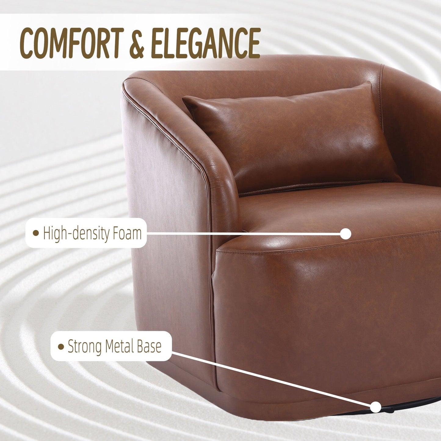 Fauteuil pivotant en polyuréthane, fauteuil club rotatif à 360 degrés pour salon ou détente, fauteuil d'appoint confortable avec base en métal