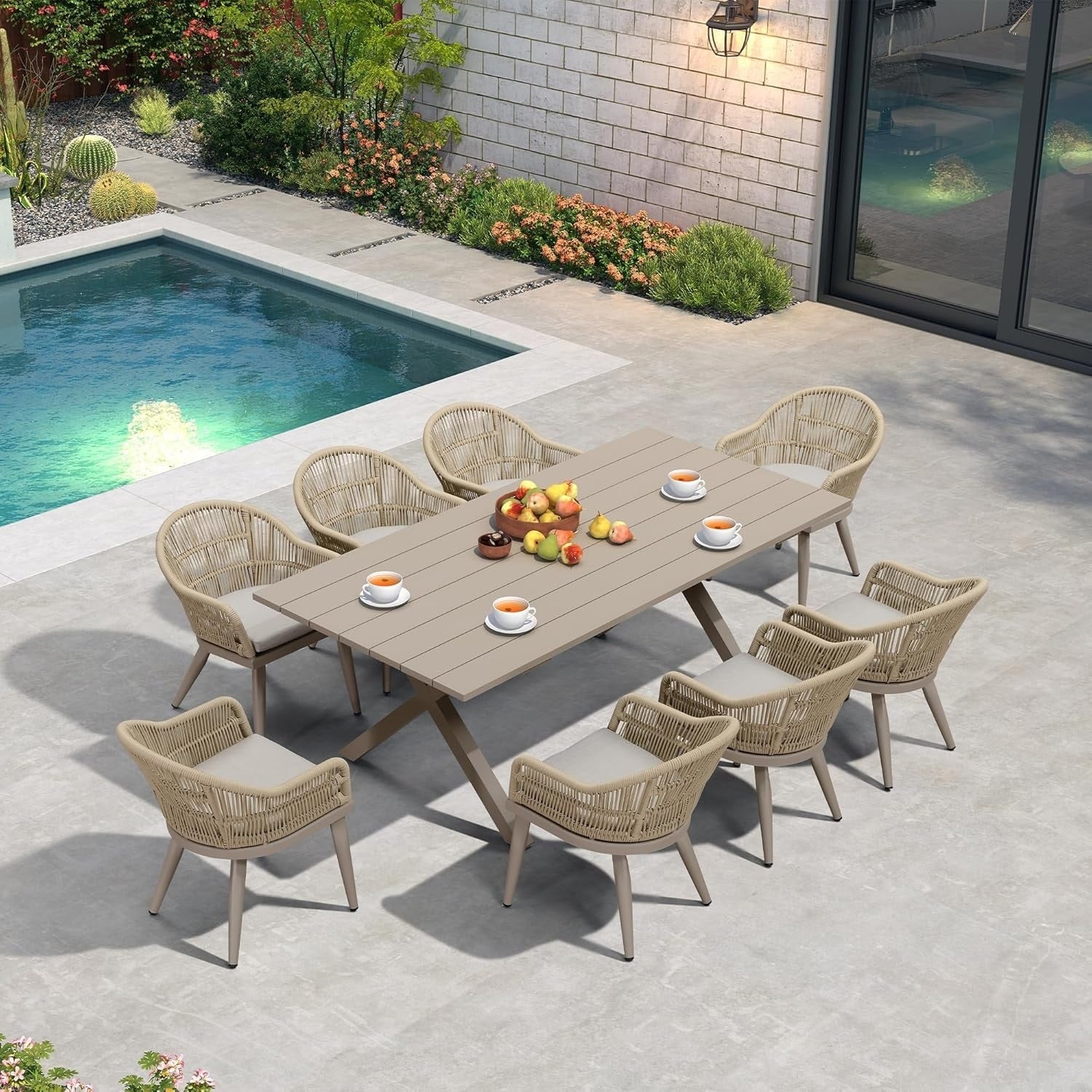 Ensemble de salle à manger de patio 7 pièces PURPLE LEAF avec table à manger carrée en aluminium et chaises en rotin tressé