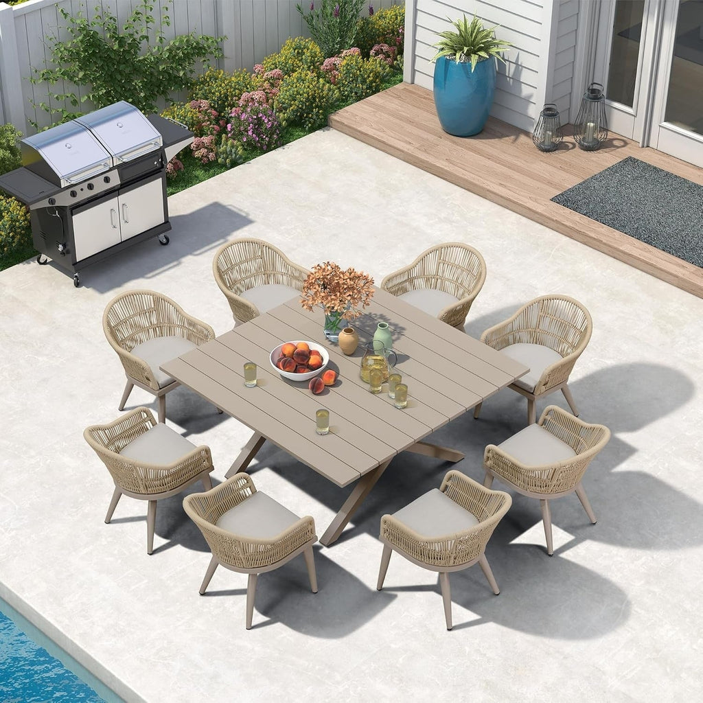 Ensemble de salle à manger de patio 7 pièces PURPLE LEAF avec table à manger carrée en aluminium et chaises en rotin tressé