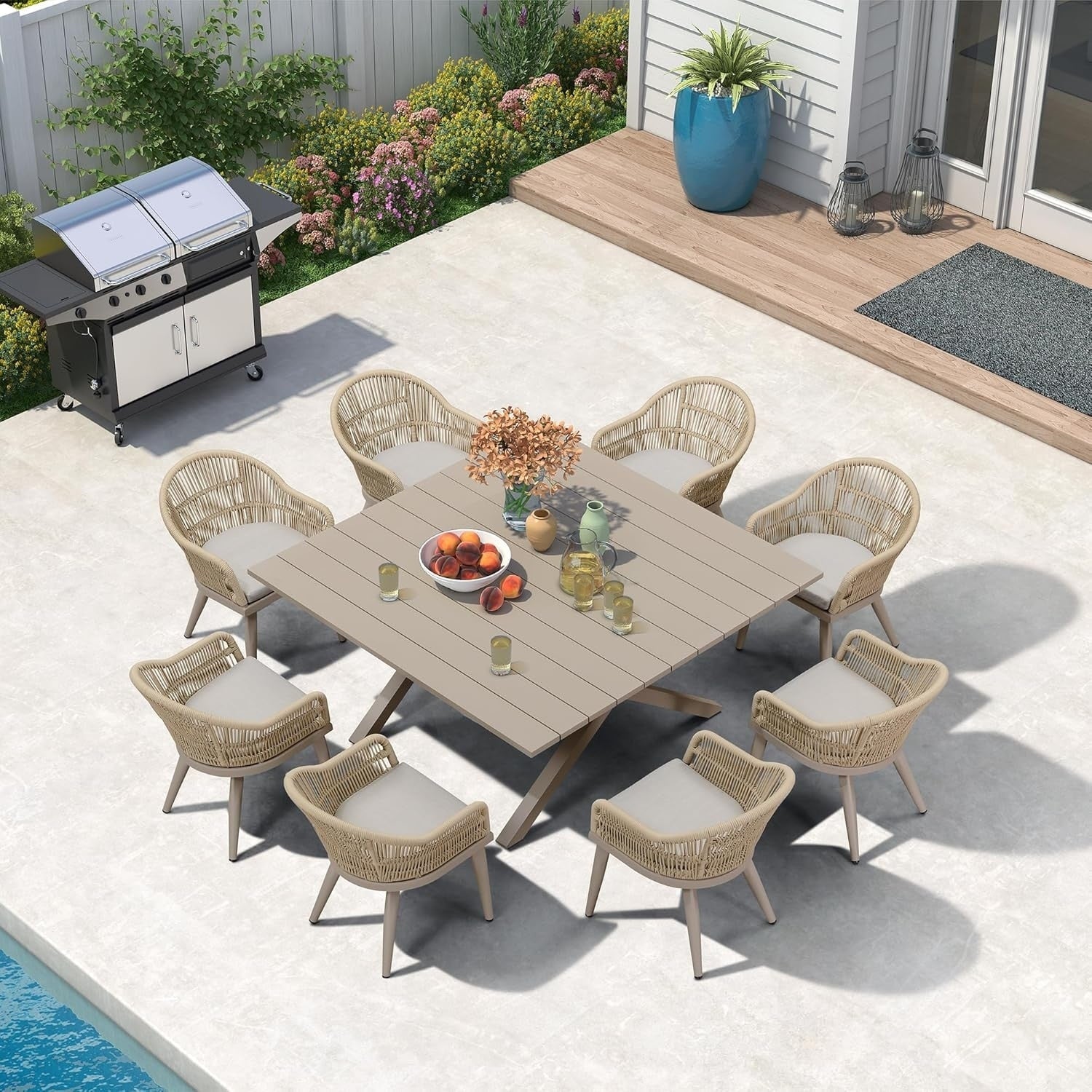 Ensemble de salle à manger de patio 7 pièces PURPLE LEAF avec table à manger carrée en aluminium et chaises en rotin tressé
