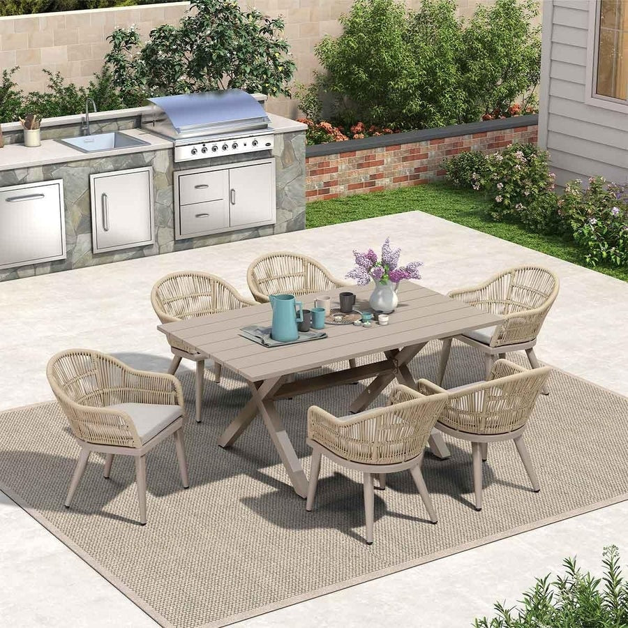 Ensemble de salle à manger de patio 7 pièces PURPLE LEAF avec table à manger carrée en aluminium et chaises en rotin tressé