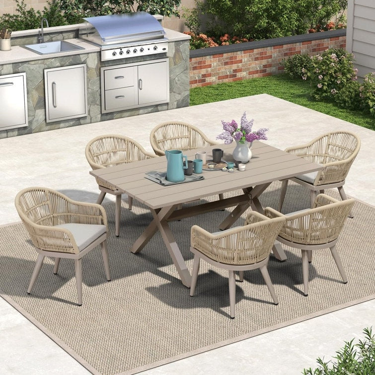 Ensemble de salle à manger de patio 7 pièces PURPLE LEAF avec table à manger carrée en aluminium et chaises en rotin tressé